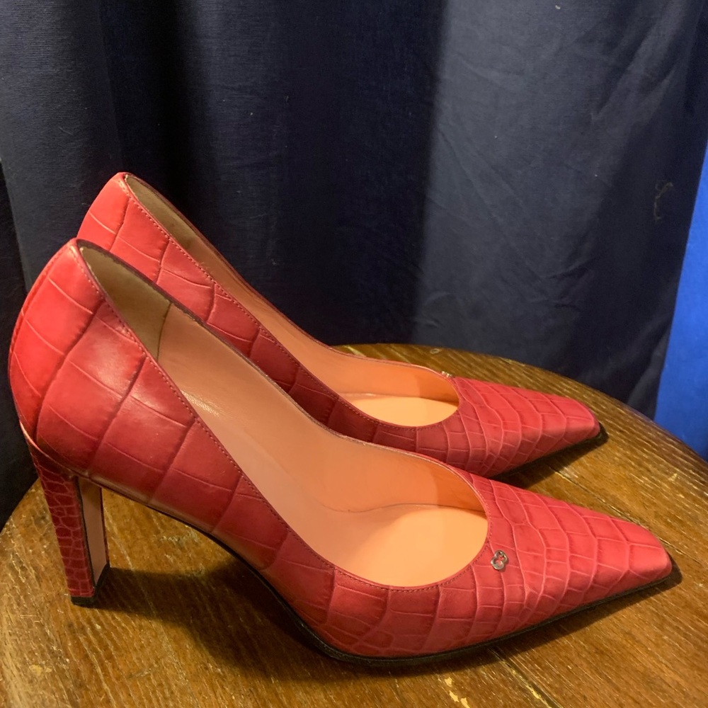 Escada Red Croc-Embossed Pointed-Toe Pumps
